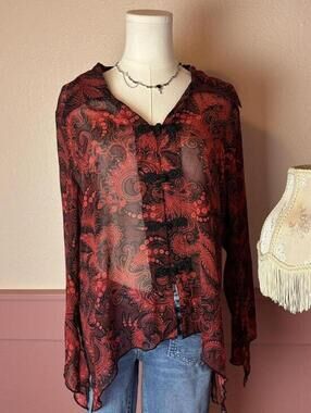 grunge fairy asymmetrical top whimsy frog tie cb red black sz xl paisley